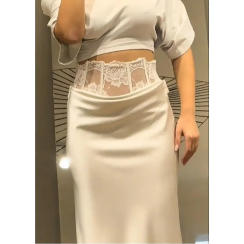 Jupe longue satinée dentelle Camille