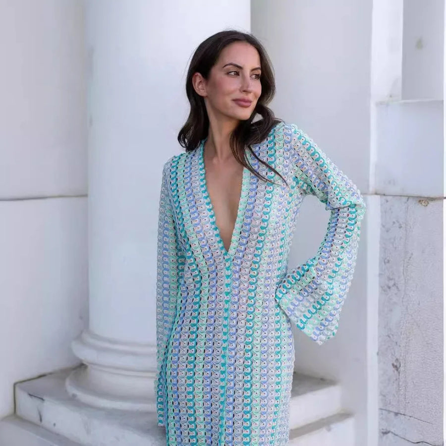Robe longue crochet rayée Éloïse en Bleu