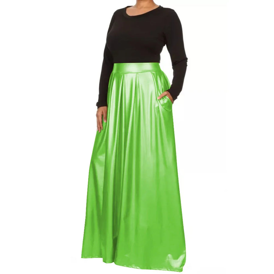 Jupe longue effet cuir plissée Inès en Vert fluorescent