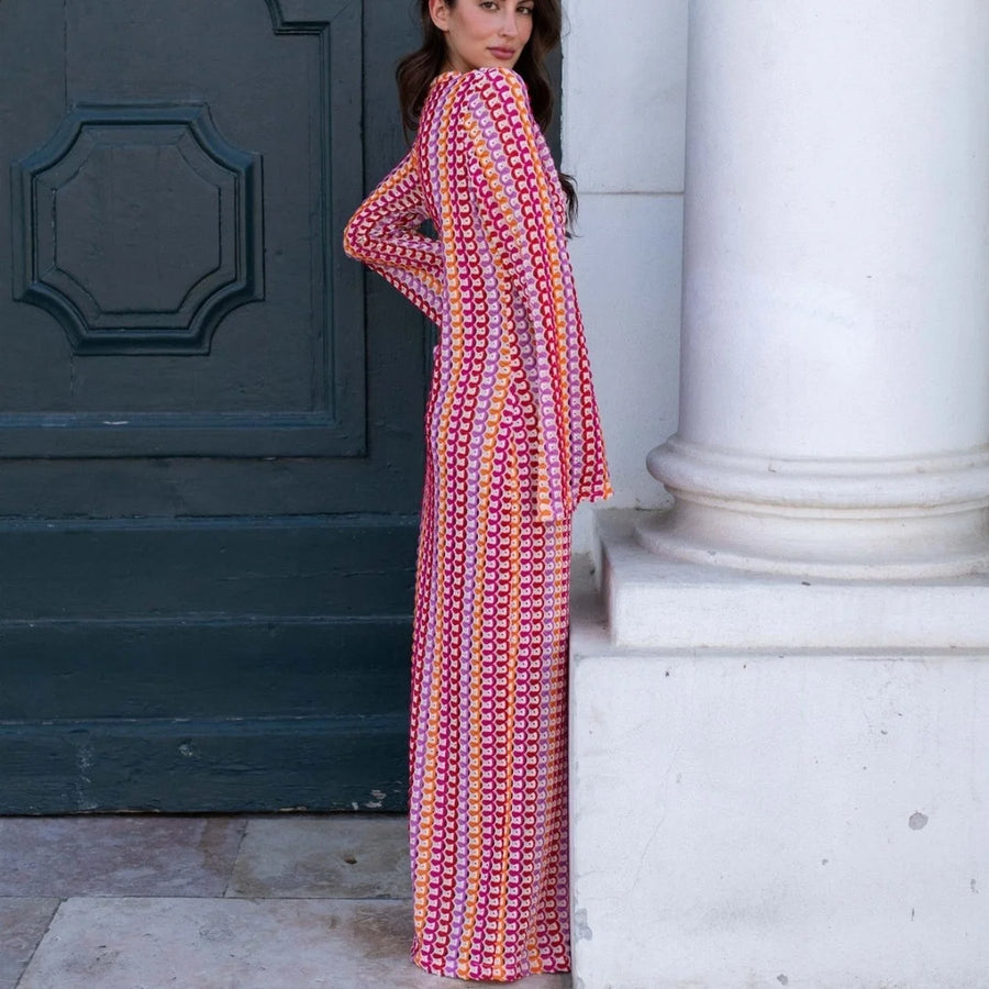 Robe longue crochet rayée Éloïse en Rouge